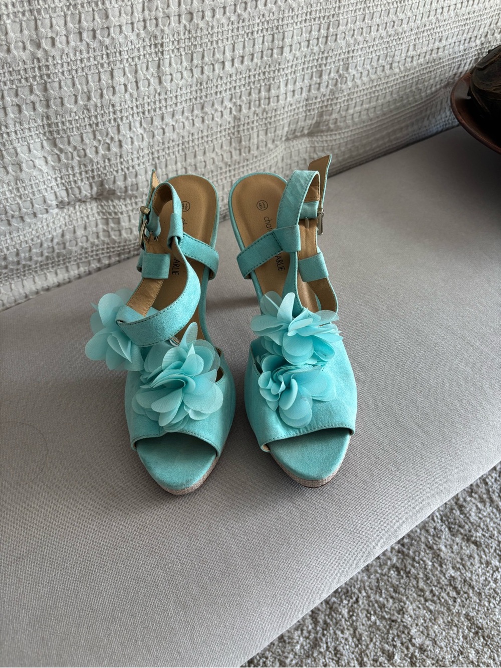 Charming Charlie Aqua Floral Open-Toe Heeled Sandals